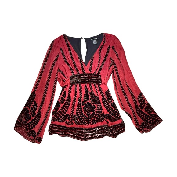 Quotation Tops - Red Black Baby Doll Long Sleeve Silk Blouse Size Medium